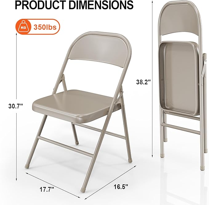 VINGLI Folding Chairs All Steel Metal Frame, Capacity 350 lbs, Durable Portable and Versatile for Indoor Outdoor Use, Khaki, Set of 8