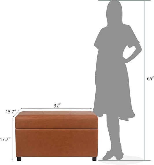 Asense Storage Ottoman Bench –32 Inch Stylish Compact Design with Storage, Extra Seating & Modern Leather Appeal for Living Room, Bedroom, Entryway,Brown