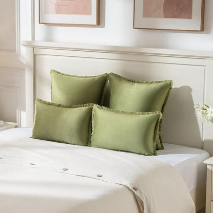 FUTEI Sage Green Velvet Decorative Throw Pillow Covers 12x20 Set of 2,Soft Cozy Edge with Tassels Lumbar Pillow Cases,Boho Modern Home Decor for Couch Bed Living Room