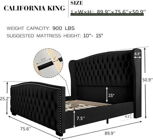 AMERLIFE California King Size Platform Bed Frame, Velvet Upholstered Bed with Deep Button Tufted & Nailhead Trim Wingback Headboard/No Box Spring Needed,Black
