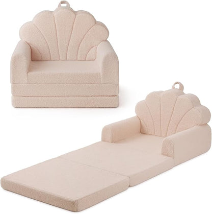 Blissful Diary Kids Couch, 2-in-1 Soft Toddler Couch Fold Out, Toddler Chair Comfy, Convertible Sofa to Lounger, Kids Furniture for Playroom, Gift for Birthday, Children's Day, Beige Shell