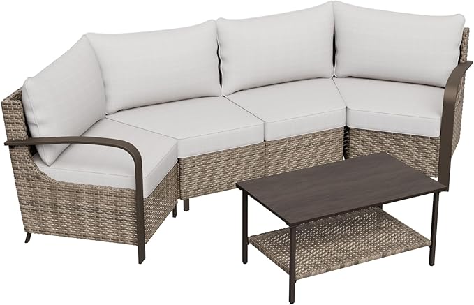 COOS BAY Aurora Terrace Half-Moon Outdoor Furniture Set, Rattan Conversation Set with Curved 4-Seat Sofa, Coffee Table, Seats 4, Beige/Beige