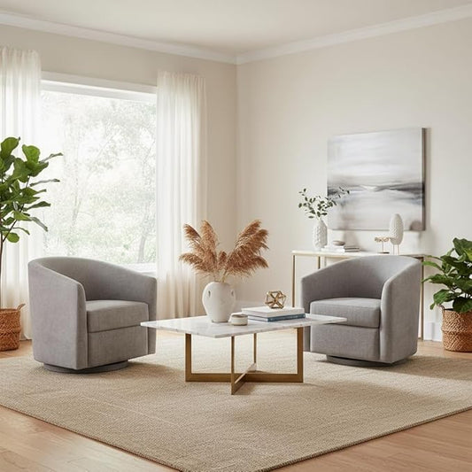 Chenille Swivel Accent Chairs Set of 2, No Assembly Upholstered Armchair, 360°Rotating Barrel Chairs for Living Room, Bedroom, Apartment & Reading Nook (2, Light Grey)