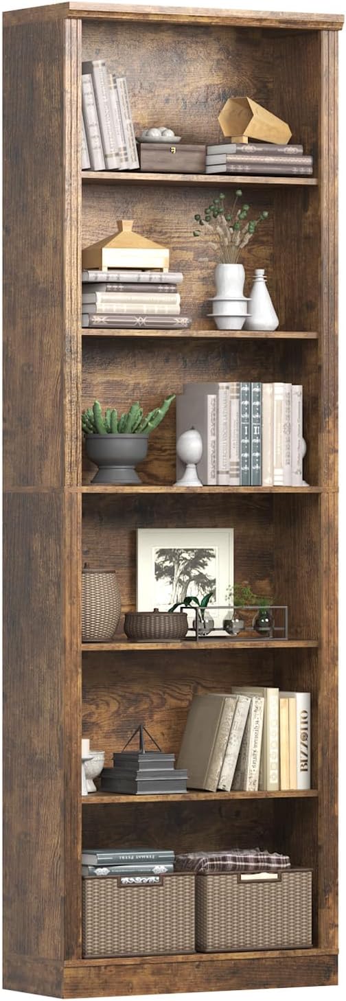 75" Tall Bookshelf & Bookcase, 6-Tier Adjustable Storage Shelves, Book Shelf with Anti-Tipping Device, Floor Standing Modern Display Rack for Living Room, Bedroom, Office, Brown
