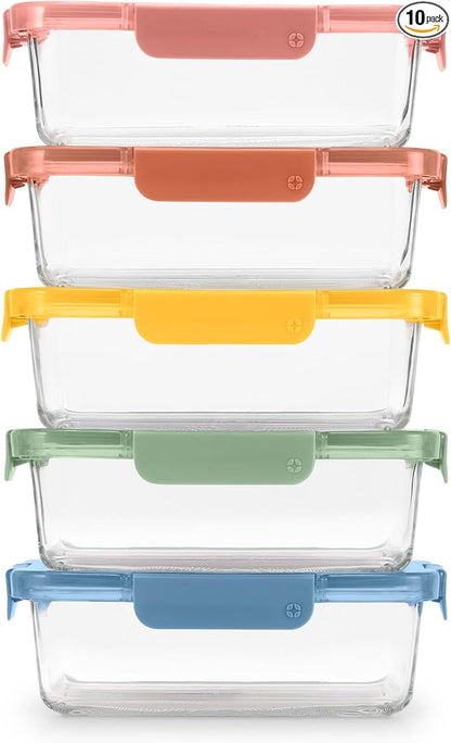 Ello Color Lock 5 Cup 10PC, 5 Pack Glass Meal Prep Sets Leak-Proof Glass Food Storage Containers with Airtight BPA-Free Plastic Lids, Dishwasher, Microwave, and Freezer Safe, Desert Festival