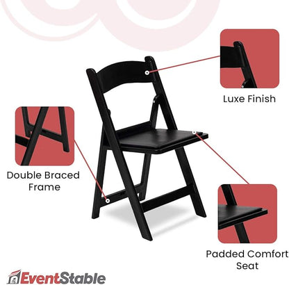 EventStable Titan PRO Resin Folding Chair - Black Indoor/Outdoor Lightweight Padded Chair for Weddings, Parties, Events - 50 Pack