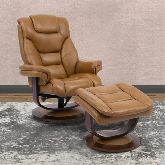 Pemberly Row Stressless Recliner with Ottoman in Brown Leather, Manual Swivel Recliner Chair for Living Room Comfort