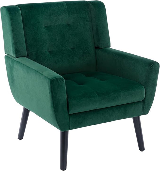 Dolonm Midcentury Modern Velvet Accent Chair with Arms, Upholstered Reading Side Chair Tufted Back Decorative Wingback Chair for Living Room Bedroom (Retro Green)