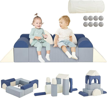 Asweets Kids Play Couch with Tunnel and Balls, Play Couch for Toddlers, Kids Foam Convertible Play Building Fort for Christmas and New Year, Blue