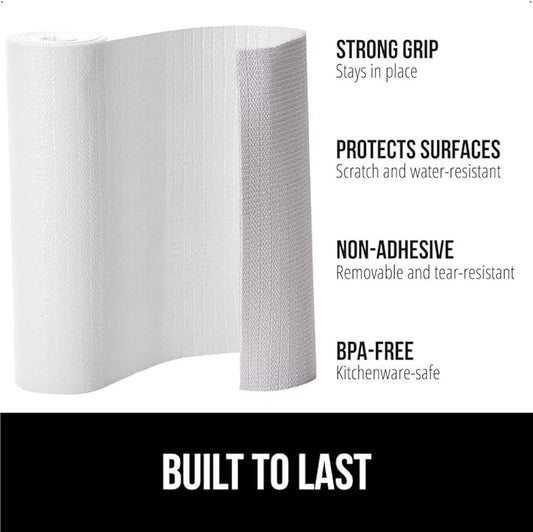 GORILLA GRIP Slip Resistant Drawer and Shelf Liner 2 Pack, Non Adhesive Water Resistant, Easy Clean and Trim, Smooth Surface Liners for Kitchen Cabinet, Shelves, Drawers, Pantry, 12 in x 10 FT, White