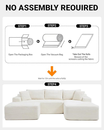 108 Inch Cloud Sectional Couch,Modern Modular Sectional Sofa with Deep Seat,Corduroy Boneless Couches with L-Shape Chaise for Living Room,No Assembly Required (Beige, Right Facing Chaise + Ottoman)
