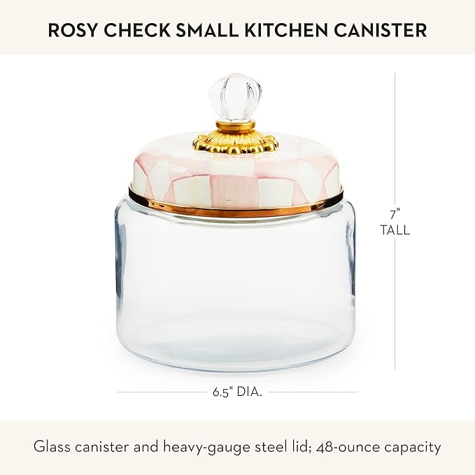 MACKENZIE-CHILDS Rosy Check Kitchen Canister, Decorative Pink-and-White Glass Storage Jar with Lid, Small