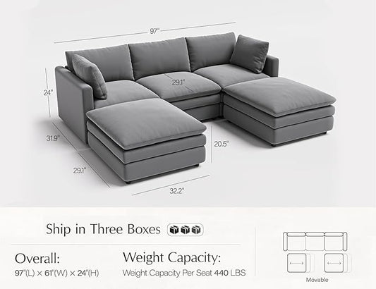 Sectional Couches for Living Room U Shaped Cloud Couch with Ottoman Deep Plush 5 Seats Sofa Modern Sofa for Apartment