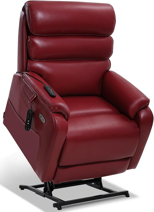 EONIX Wide Lay Flat Power Lift Recliner Chair for Elderly, Heavy Duty Oversized Breathable Faux Leather Lift Chairs Recliner Sofa with Heat and Massage and Charging Ports, Burgundy