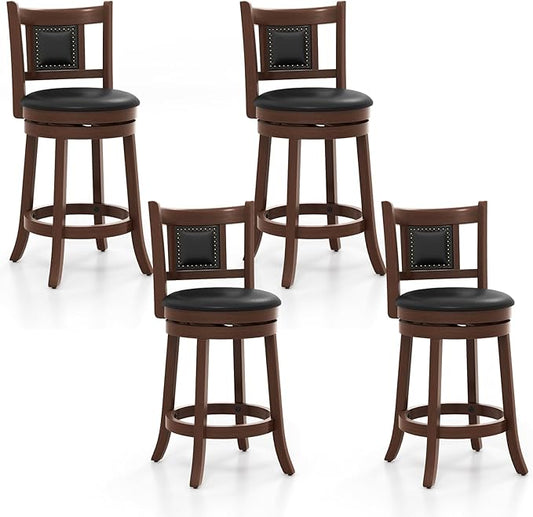 COSTWAY Bar Stools Set of 4, 25.5” Swivel Upholstered Counter Height Bar Stool with Curved Backrest & Cushioned Seat, Solid Rubber Wood Legs & Resting Footrest, for Kitchen Island (4, 25.5”)