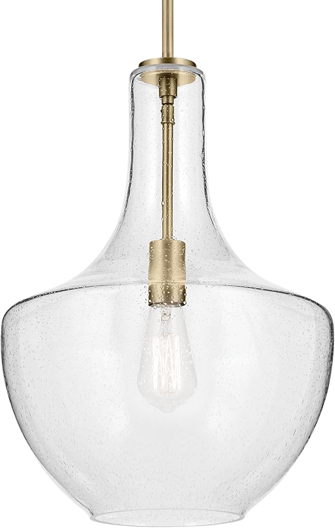 KICHLER Everly 19.75” Bell Pendant in Natural Brass with Clear Glass, 1-Light Modern Pendant Light, 42046NBR
