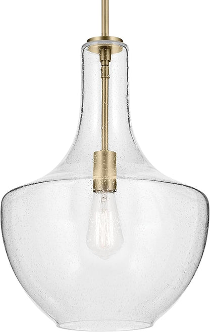 KICHLER Everly 19.75” Bell Pendant in Natural Brass with Clear Glass, 1-Light Modern Pendant Light, 42046NBR