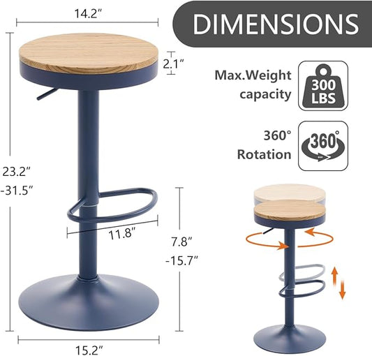 Kidol & Shellder Bar Stools Set of 6 Round Adjustable Swivel Barstools Modern Backless Bar Chairs Wooden Seat Counter Height Stools Armless for Kitchen Island, Cafe, Dining Room Blue