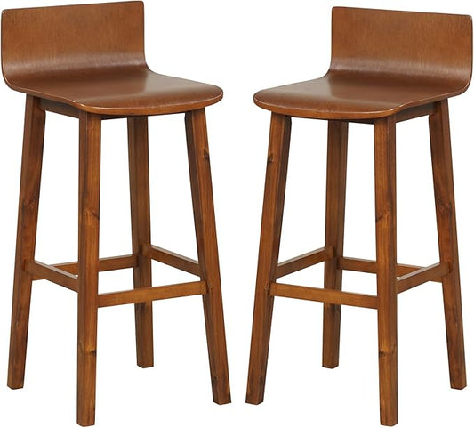 COSTWAY Solid Wood Bar Stools Set of 2, 29-inch Counter Height Chairs with Low Back and Footrest, Farmhouse Wooden Armless Barstools for Kitchen Island, Dining Room, Cafe, Breakfast, Brown