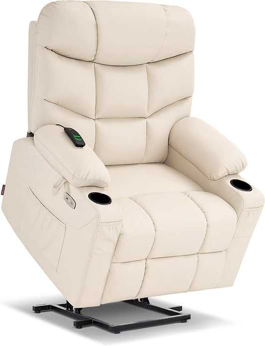 MCombo Power Lift Recliner Chair with Extended Footrest for Elderly People, Faux Leather 7287 (Cream White, Medium)