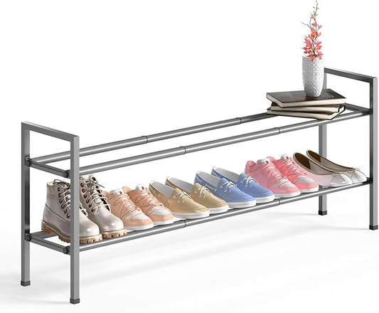Bumusty 2-Tier Long Expandable Shoe Rack for Closet, 18"-44" Adjustable Shoe Rack for Entryway, 10-12 Pairs Large Shoe Organizer Shelf Storage, Sturdy Metal, Light Grey