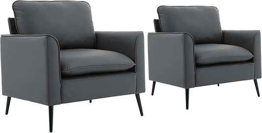 YISHENG Mid-Century Modern Living Room Accent Chairs Set of 2 - Oversized Faux Leather Armchairs with Removable Cushions & Metal Legs, Comfortable Sofas for Office/Lounge/Bedroom/Reception,Gray