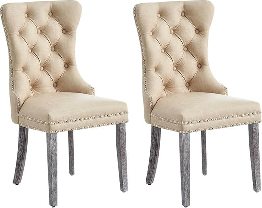 Leather Dining Chair Set of 2, Dining Room Chairs with Nailhead Ring Pull Trim, Upholstered Dining Chairs with Solid Wood Legs for Kitchen Dining Room (Beige)