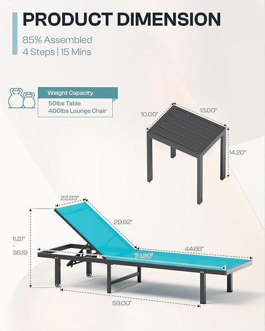 Pool Lounge Chairs Set of 2，Outdoor Lounge Chairs with Wheels and 5-Position Recliner -Easy to Move- Aluminum Patio Lounge Chair for Poolside, Deck (Lakeblue)