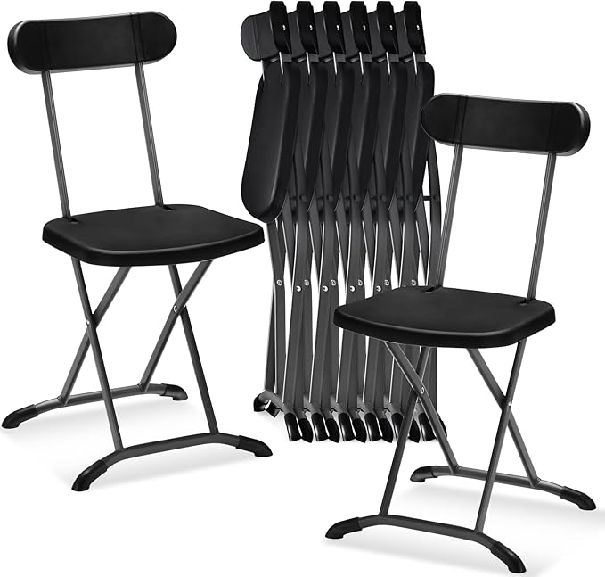 GYMAX Folding Chair, 400lbs Plastic Chairs Set with Steel Frame & Ergonomic Curved Back, Indoor & Outdoor Commercial Event Seat for Meeting, Wedding, Stackable Lightweight Folding Chairs (8, Black)