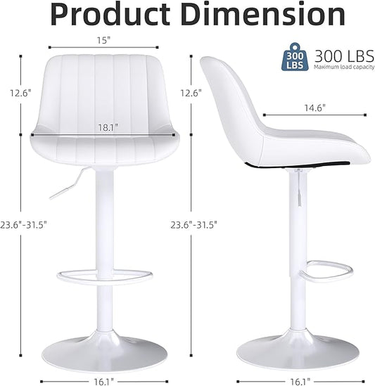 Youhauchair Bar Stools Set of 2, Swivel Counter Height Barstools with Back, Adjustable PU Leather Bar Chairs, Modern Armless Kitchen Island Stool, White