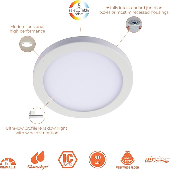 HALO SMD 4-Inch LED Surface Mount Downlight with Slim Profile, Selectable CCT, Wet Location Listed - SMD4R07FS5-6PK