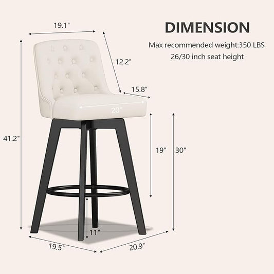 MINCETA Bar Stool, PU Leather Barstool, 30 Inch Upholstered Counter Stool with Low Tufted Back and Footrest, Swivel Counter Height Barstool for Kitchen Island Home Bar White