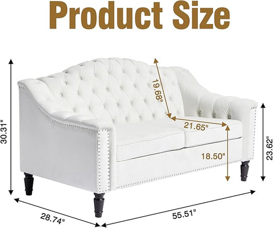LEVNARY Chesterfield Loveseat Velvet, Upholstered Sofa with Button-Tufted Back, Mid-Century Modern Sofa with Solid Wood Legs, 2 Seater Couches for Living Room (White)