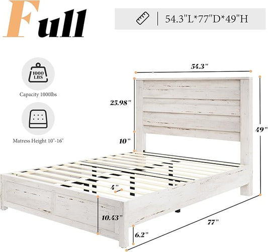 AMERLIFE Farmhouse Full Size Bed Frame with 49" Fluted Headboard, Platform Bed with Natural Wood Grain, No Box Spring Needed/Noise Free, Distressed White