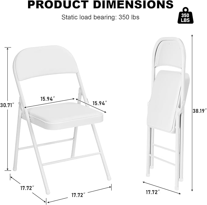24 Pack White Folding Chairs with Padded Cushion for Outside, Portable Stackable Commercial Metal Foldable Chairs with Steel Frame for Home Events Office Wedding Party, 350lbs Capacity