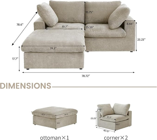 Cloud Couch Modular Sectional Sofa with Storage Ottoman,L Shaped Couch for Living Room,80.3" inch Down Filled 3 Seater Convertible Sectional Sofas for Office Apartment