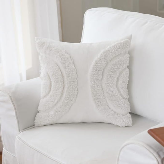 IKATYARN 18x18 Inches Arches Tufted Chenille Throw Pillow Cover, Boho Modern Decorative Geometric Cushion Case, Farmhouse Pillowcase for Couch Sofa Bedroom Living Room, White