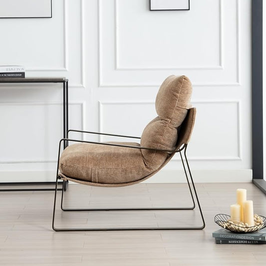 HEAH-YO Modern Accent Chair Set of 1, Upholstered Chenille Living Room Chair with Bronze Metal Legs, Comfy Arm Side Chair for Bedroom, Khaki
