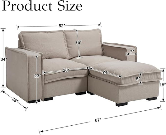 EALSON 67" Sectional Couch Modern Love Seat with Ottoman Modular Cloud Sofa with Deep Seat Comfy Linen Fabric Loveseat Sofa Convertible L Shaped Couches 2 Seater Couch for Living Room/Bedroom,Oatmeal