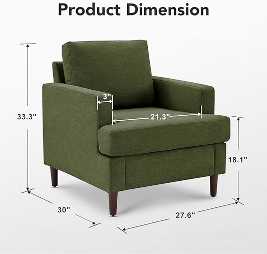 Mid-Century Accent Chair,Modern Linen Fabric Armchair for Living Room,Comfy Upholstered Reading Accent Chairs for Bedroom,Single Sofa Chair with Wood Legs (Green, 1 Pack)
