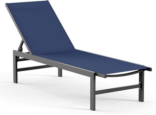 Outdoor Lounge Chairs for Pool, Aluminum Chaise Lounge Chairs with 5-Position Recliner, Patio Lounge Chair for Backyard, Poolside, Deck, Lawn, Navy Blue