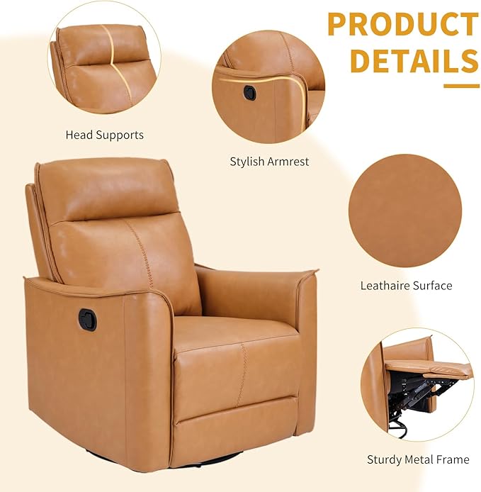 Swivel Rocker Recliner Set of 2, Glider Rocking Chair, Nursing Chairs Swivel Glider Recliners with Soft Backrest, Leathaire Manual Reclining Sofa for Living Room Bedroom Apartment, Camel