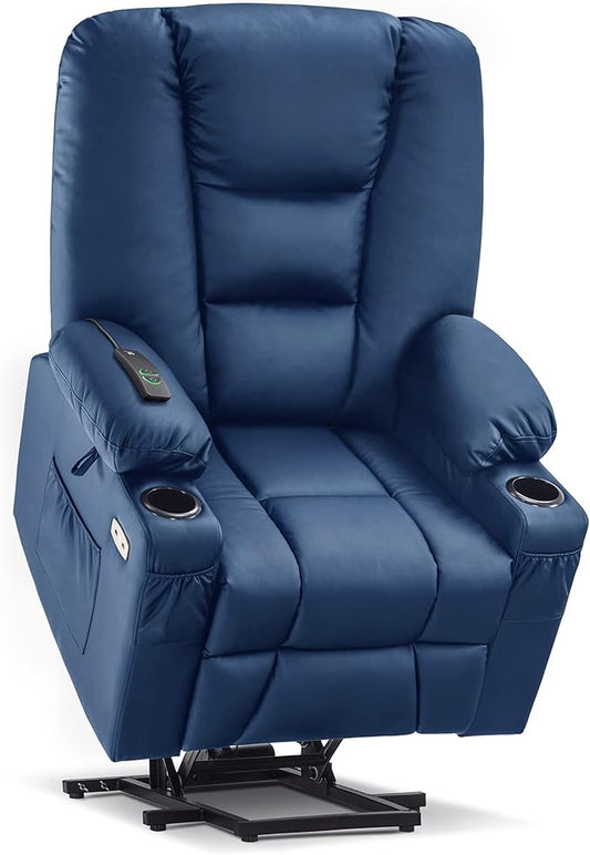 MCombo Large Power Lift Recliner Chair Sofa with Massage and Heat for Big and Tall Elderly People, 3 Positions, Cup Holders, and USB Ports, Faux Leather 7539 (Large, Navy Blue)
