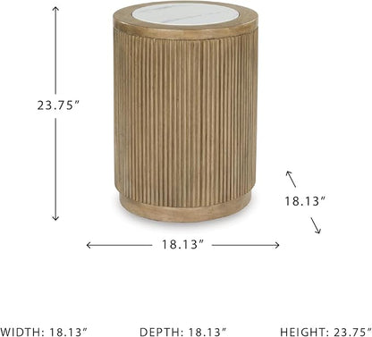 Signature Design by Ashley Camdill Round End Table, Scratch & Stain Resistant, Faux Marble Top, Hardwood Solids, 18.13" W x 18.13" D x 23.75" H, Light Brown & White