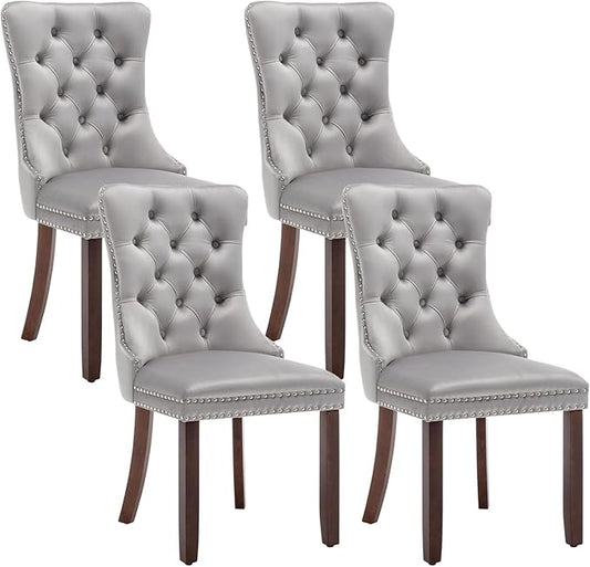 Velvet Dining Chairs Set of 4, Upholstered Dining Room Chairs with Nailhead Ring Pull, Button Tufted Wing Back Chairs for Dining with Solid Wood Legs for Kitchen Dining Room(Light Grey)