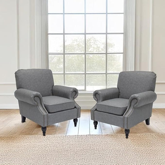 Accent Chair,22.4" Seat Depth Armchair with Roll Arms,36.6W*34.3D*34.6H Living Room Chair,Wood Legs,Set of 2,Faux Leather in Gray
