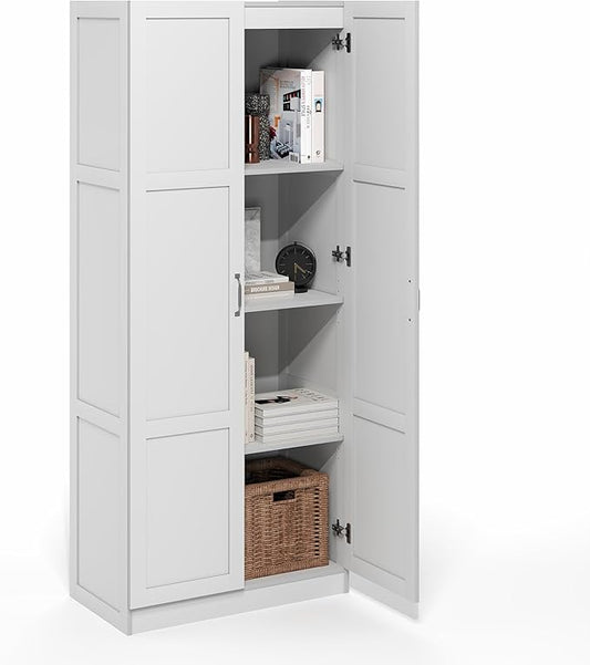 Furinno Robin Storage Cabinet, 4-Tier Pantry Cabinet with Adjustable Shelves, 30W with 2 Shaker-Doors, Kitchen Cabinet, Organization and Storage, for Pantry, Living Room, Home Office, White