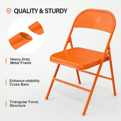 VINGLI Folding Chairs All Steel Metal Frame, Capacity 350 lbs, Durable Portable and Versatile for Indoor Outdoor Use, Orange, Set of 8