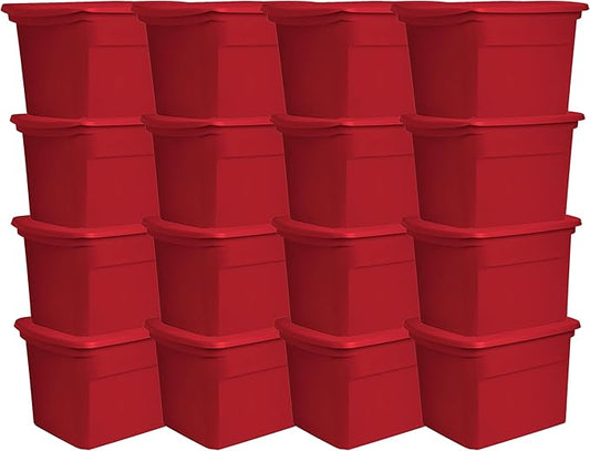 Sterilite 18 Gallon Stackable Storage Tote Container, Seasonal Home Decor, and Garage Organizer Bin with Lid, Red (16 Pack)