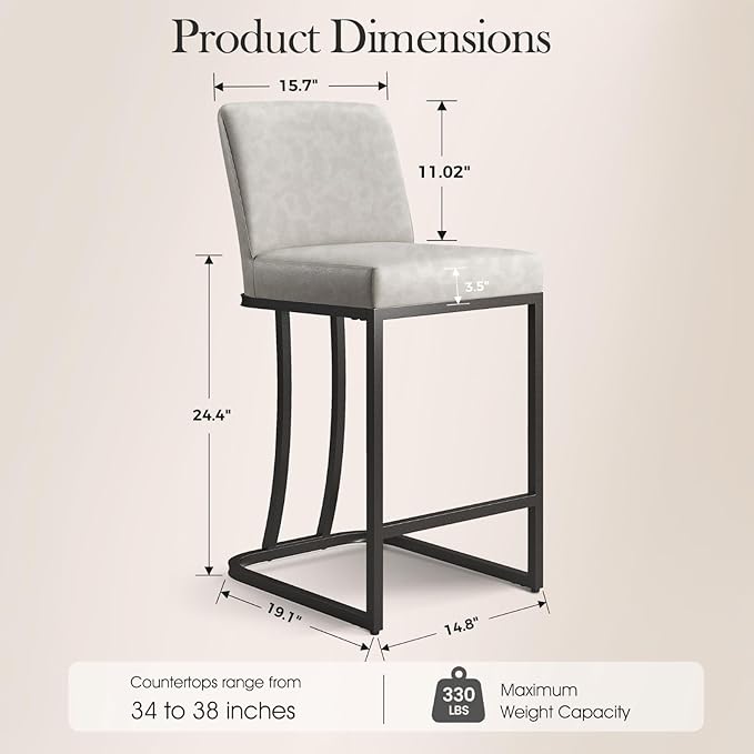 Sophia & William Light Grey Bar Stools Set of 4, Counter Height 24" Bar Stools with Back for Kitchen Island, Modern Faux Leather Bar Chairs